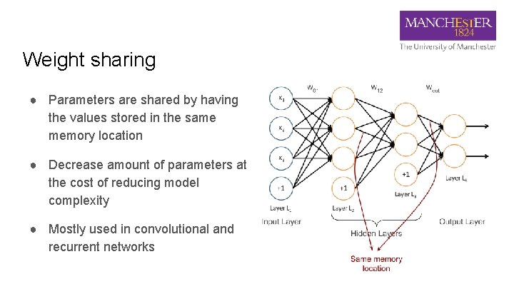 Weight sharing ● Parameters are shared by having the values stored in the same