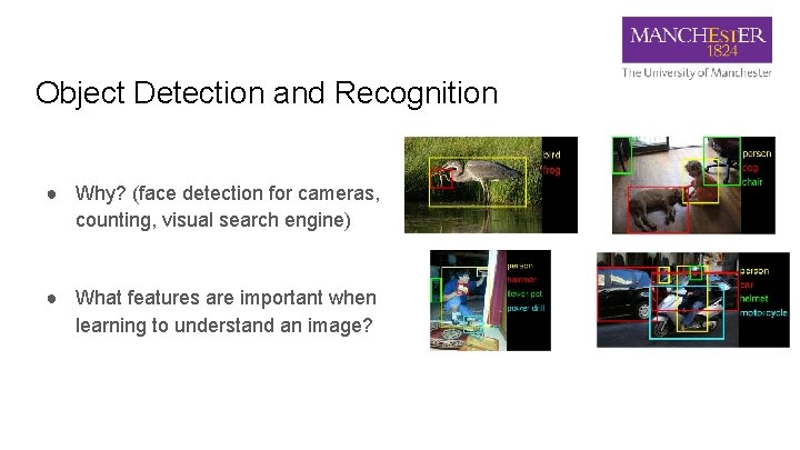 Object Detection and Recognition ● Why? (face detection for cameras, counting, visual search engine)