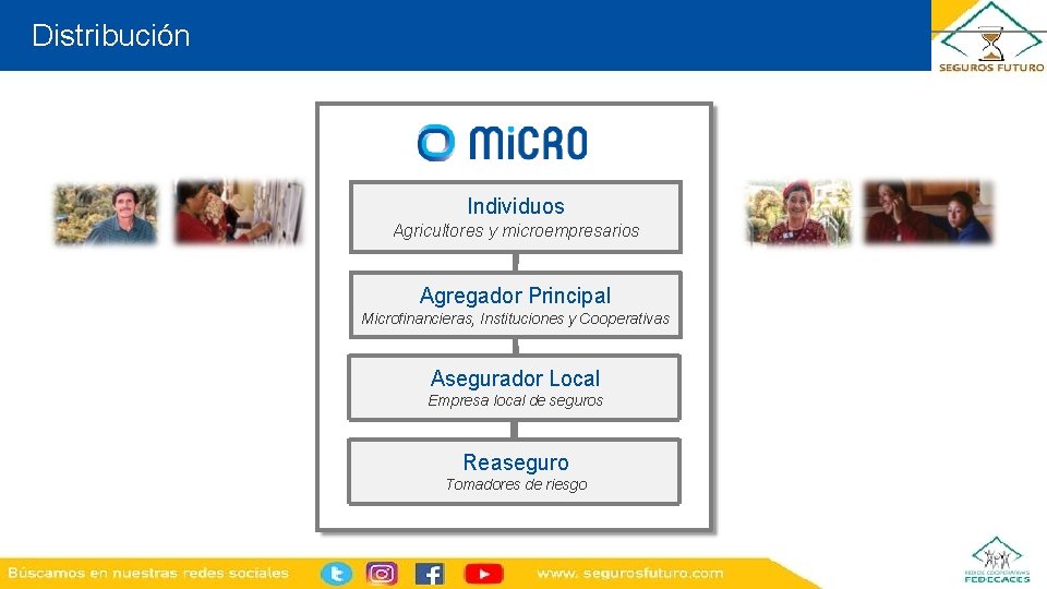 Distribución Individuos Agricultores y microempresarios Agregador Principal Microfinancieras, Instituciones y Cooperativas Asegurador Local Empresa