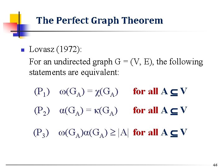 The Perfect Graph Theorem n Lovasz (1972): For an undirected graph G = (V,