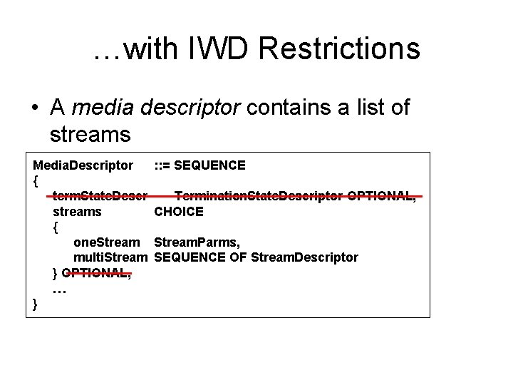 …with IWD Restrictions • A media descriptor contains a list of streams Media. Descriptor …with IWD Restrictions • A media descriptor contains a list of streams Media. Descriptor