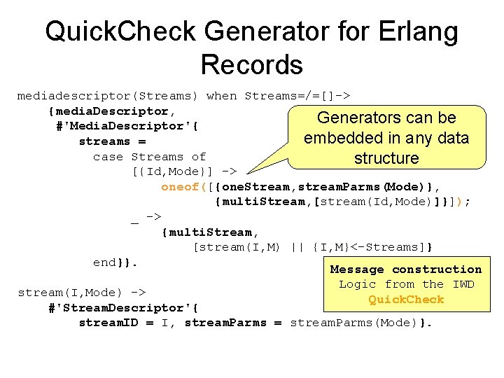 Quick. Check Generator for Erlang Records mediadescriptor(Streams) when Streams=/=[]-> {media. Descriptor, Generators can be