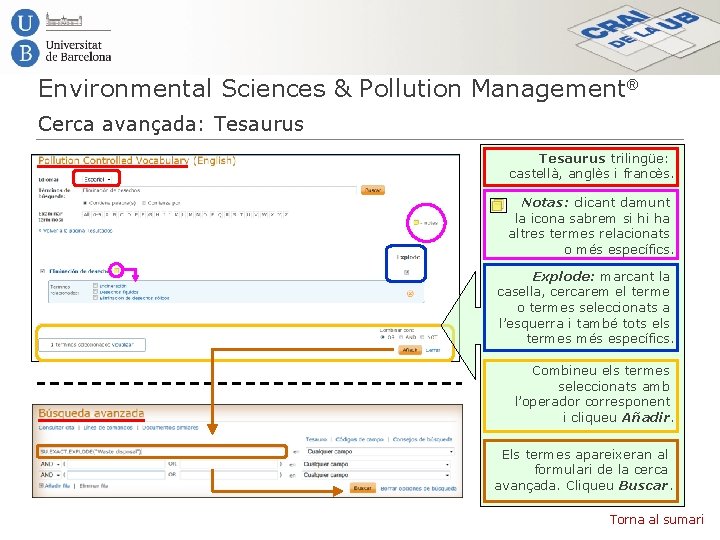 Environmental Sciences & Pollution Management® Cerca avançada: Tesaurus trilingüe: castellà, anglès i francès. Notas: