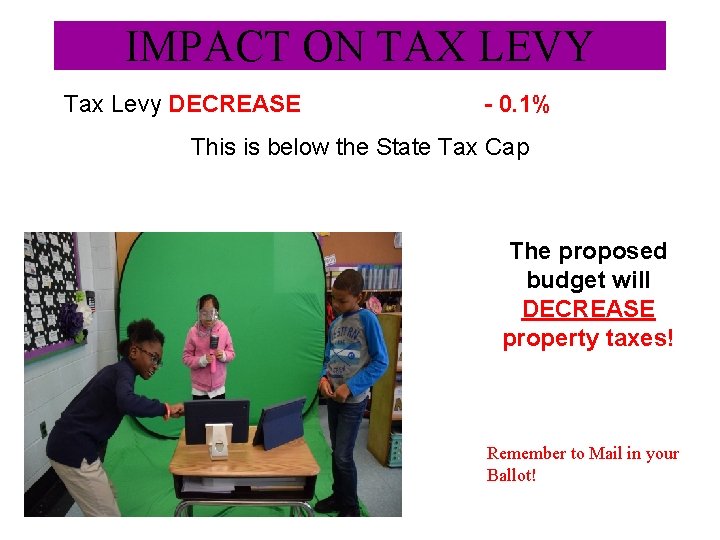 IMPACT ON TAX LEVY Tax Levy DECREASE - 0. 1% This is below the