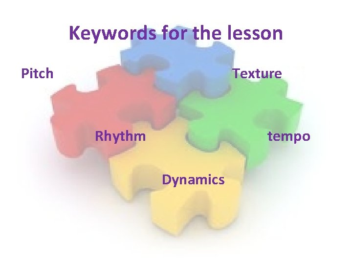 Keywords for the lesson Pitch Texture Rhythm tempo Dynamics Keywords for the lesson Pitch Texture Rhythm tempo Dynamics