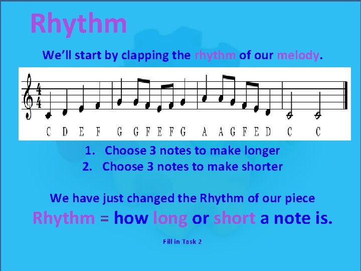 Rhythm We’ll start by clapping the rhythm of our melody. 1. Choose 3 notes Rhythm We’ll start by clapping the rhythm of our melody. 1. Choose 3 notes