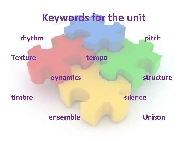 Keywords for the unit rhythm pitch Texture tempo dynamics timbre structure silence ensemble Unison Keywords for the unit rhythm pitch Texture tempo dynamics timbre structure silence ensemble Unison