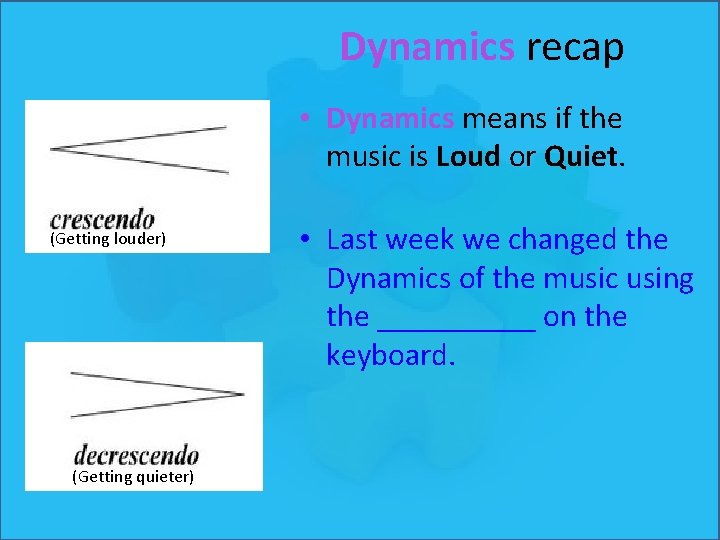 Dynamics recap • Dynamics means if the music is Loud or Quiet. (Getting louder) Dynamics recap • Dynamics means if the music is Loud or Quiet. (Getting louder)