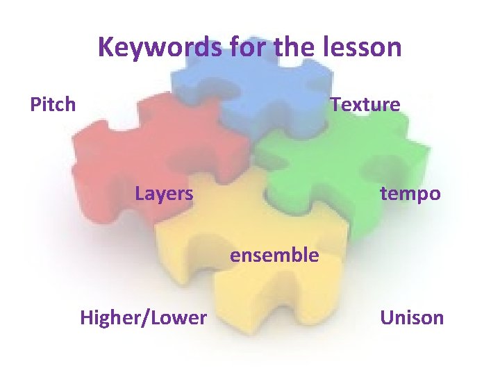 Keywords for the lesson Pitch Texture Layers tempo ensemble Higher/Lower Unison Keywords for the lesson Pitch Texture Layers tempo ensemble Higher/Lower Unison