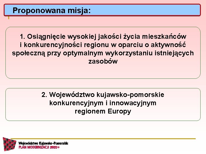 Proponowana misja: 1. Osiągnięcie wysokiej jakości życia mieszkańców i konkurencyjności regionu w oparciu o