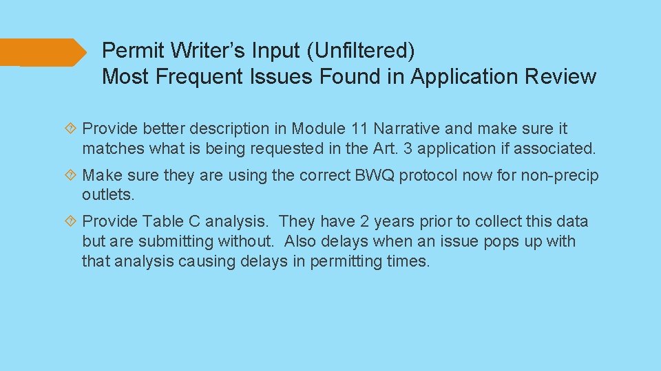 Permit Writer’s Input (Unfiltered) Most Frequent Issues Found in Application Review Provide better description