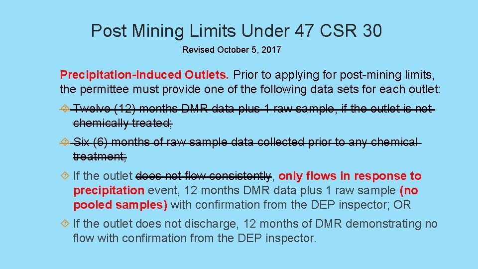 Post Mining Limits Under 47 CSR 30 Revised October 5, 2017 Precipitation-Induced Outlets. Prior