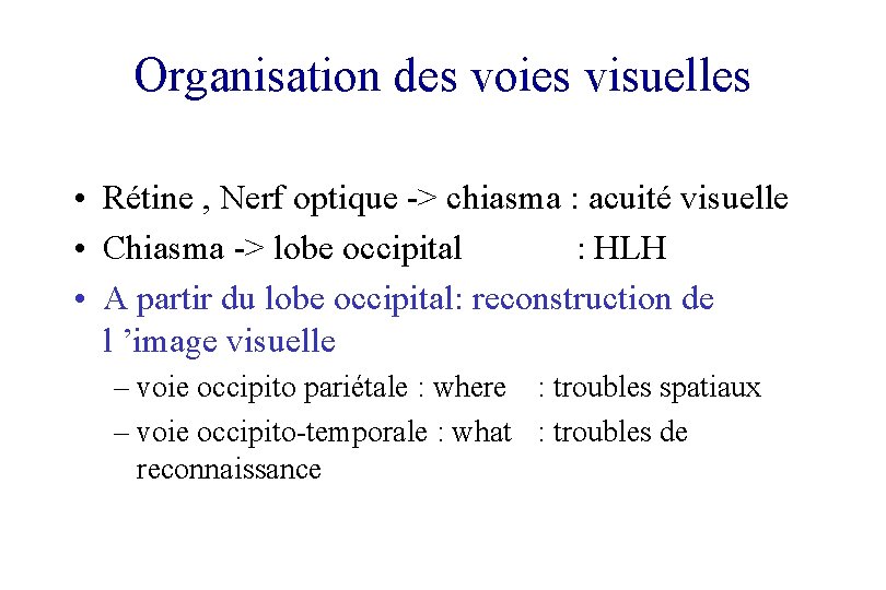 Organisation des voies visuelles • Rétine , Nerf optique -> chiasma : acuité visuelle