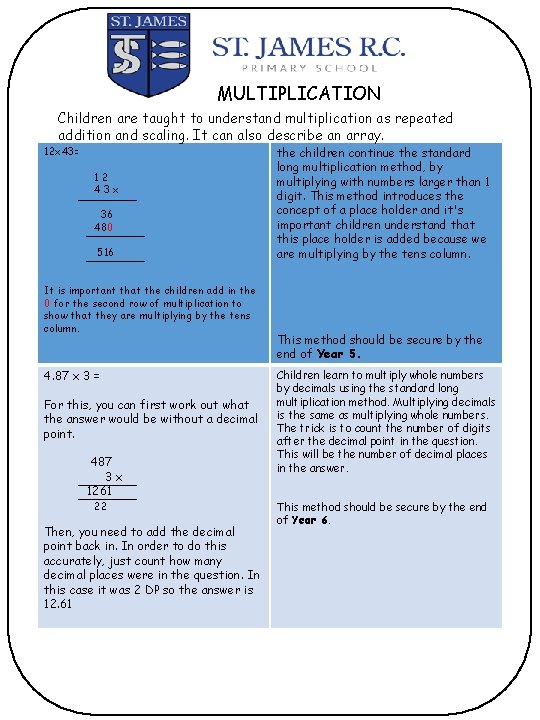 MULTIPLICATION Children are taught to understand multiplication as repeated addition and scaling. It can