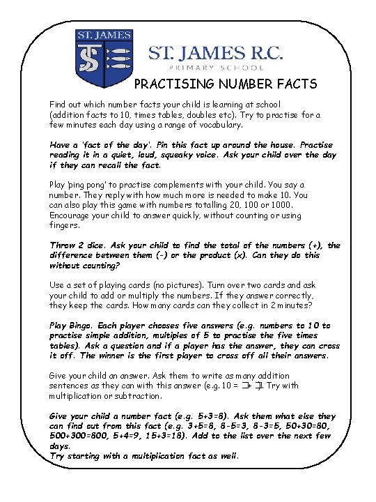 PRACTISING NUMBER FACTS Find out which number facts your child is learning at school