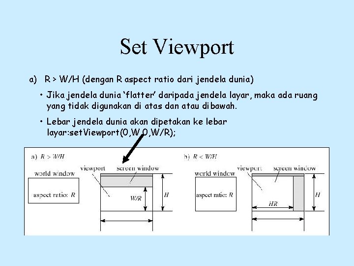 Set Viewport a) R > W/H (dengan R aspect ratio dari jendela dunia) •