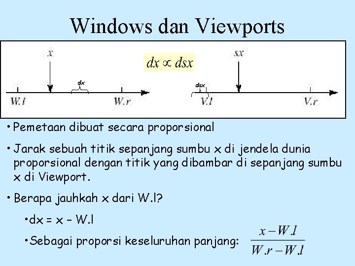 Windows dan Viewports dx dsx • Pemetaan dibuat secara proporsional • Jarak sebuah titik