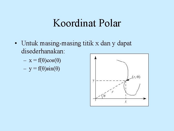 Koordinat Polar • Untuk masing-masing titik x dan y dapat disederhanakan: – x =