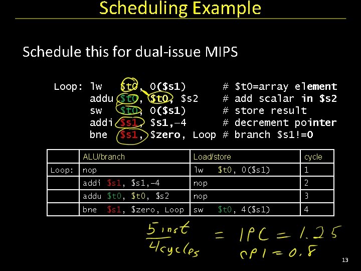 Scheduling Example Schedule this for dual-issue MIPS Loop: lw addu sw addi bne Loop: