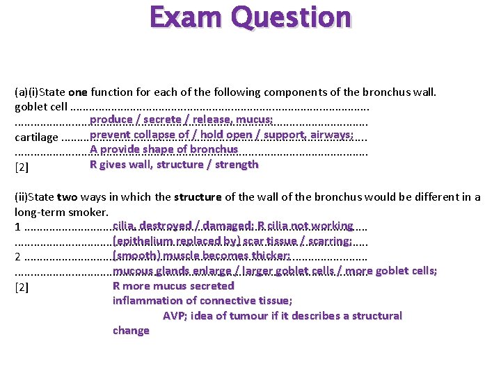 Exam Question (a)(i)State one function for each of the following components of the bronchus