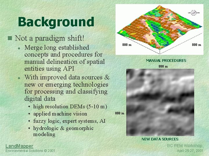 Background n Not a paradigm shift! l Merge long established concepts and procedures for