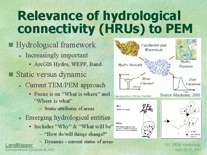 Relevance of hydrological connectivity (HRUs) to PEM n Hydrological framework l Increasingly important •