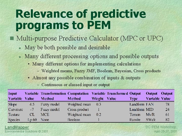 Relevance of predictive programs to PEM n Multi-purpose Predictive Calculator (MPC or UPC) l