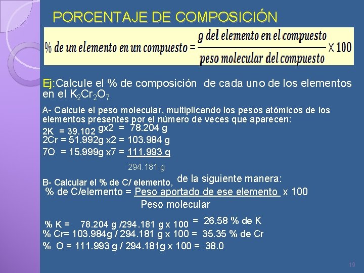 PORCENTAJE DE COMPOSICIÓN Ej: Calcule el % de composición de cada uno de los