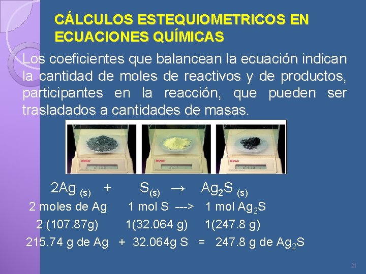 CÁLCULOS ESTEQUIOMETRICOS EN ECUACIONES QUÍMICAS Los coeficientes que balancean la ecuación indican la cantidad
