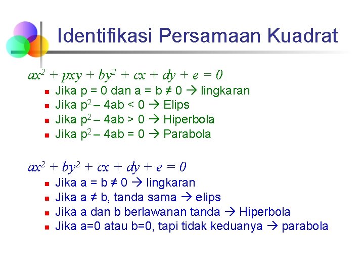 Identifikasi Persamaan Kuadrat ax 2 + pxy + by 2 + cx + dy