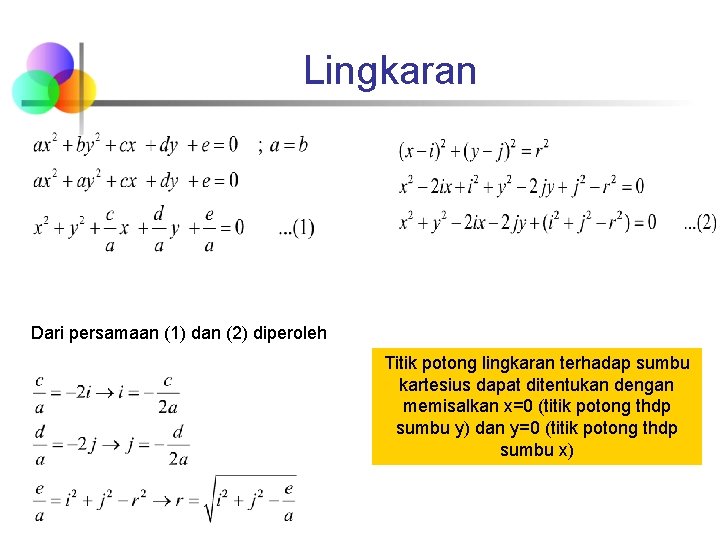 Lingkaran Dari persamaan (1) dan (2) diperoleh Titik potong lingkaran terhadap sumbu kartesius dapat Lingkaran Dari persamaan (1) dan (2) diperoleh Titik potong lingkaran terhadap sumbu kartesius dapat