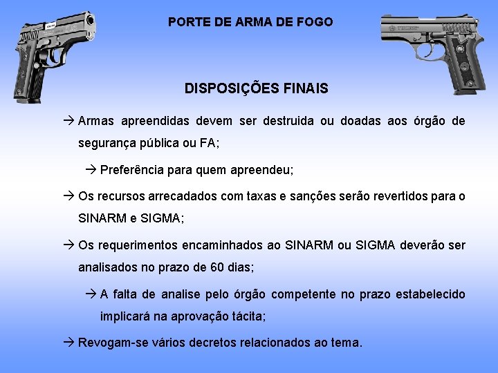 PORTE DE ARMA DE FOGO DISPOSIÇÕES FINAIS Armas apreendidas devem ser destruida ou doadas PORTE DE ARMA DE FOGO DISPOSIÇÕES FINAIS Armas apreendidas devem ser destruida ou doadas