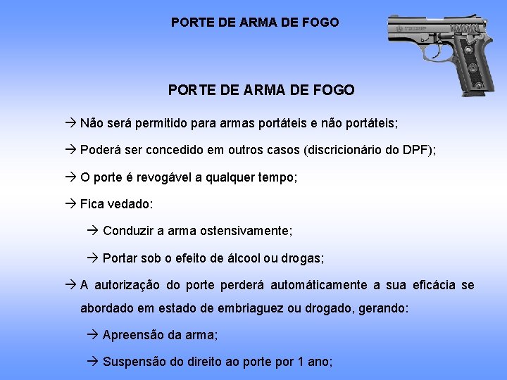 PORTE DE ARMA DE FOGO Não será permitido para armas portáteis e não portáteis; PORTE DE ARMA DE FOGO Não será permitido para armas portáteis e não portáteis;