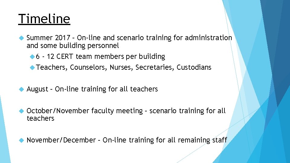 Timeline Summer 2017 – On-line and scenario training for administration and some building personnel