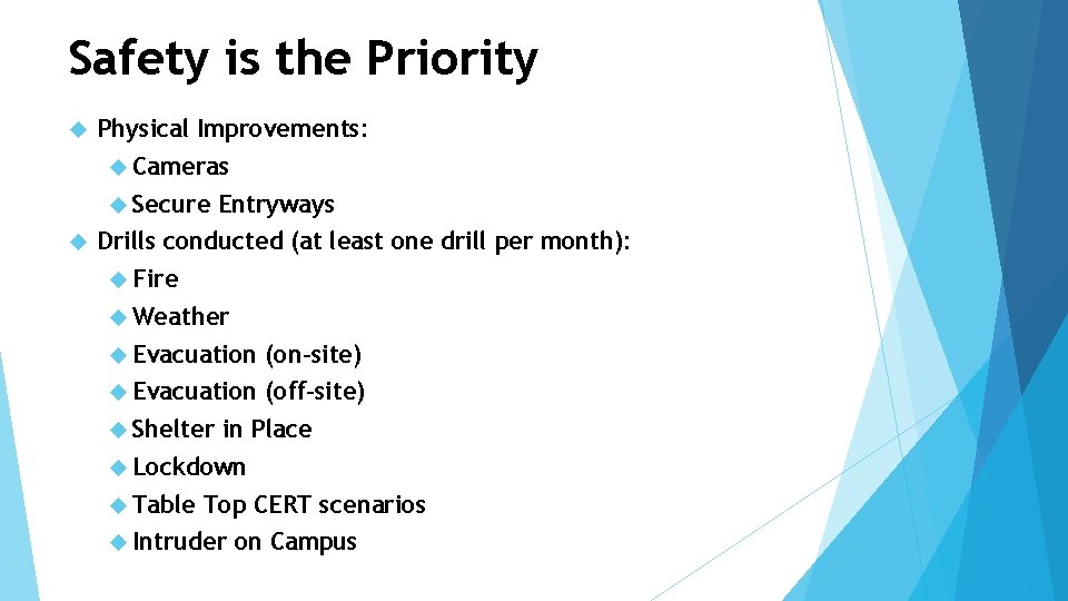 Safety is the Priority Physical Improvements: Cameras Secure Entryways Drills conducted (at least one