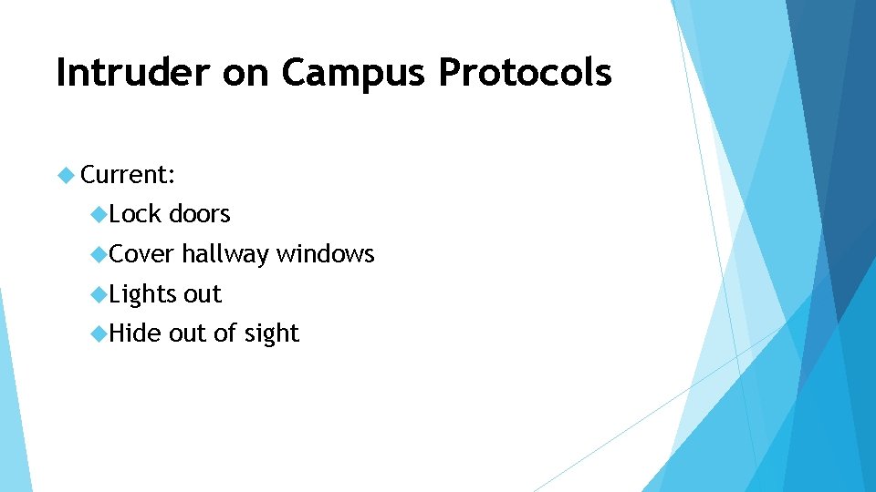 Intruder on Campus Protocols Current: Lock doors Cover hallway windows Lights out Hide out