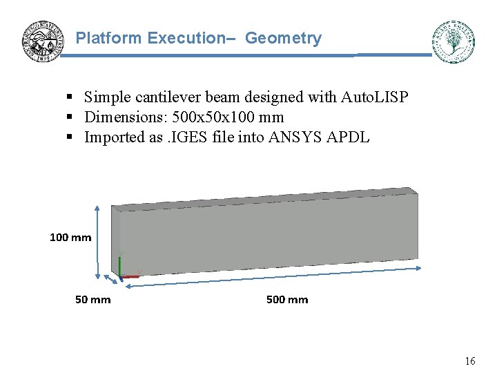 Platform Execution– Geometry § Simple cantilever beam designed with Auto. LISP § Dimensions: 500