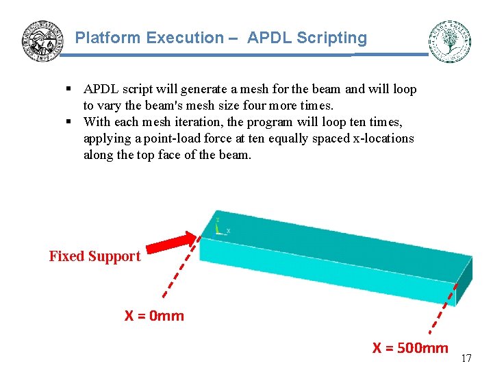 Platform Execution – APDL Scripting § APDL script will generate a mesh for the