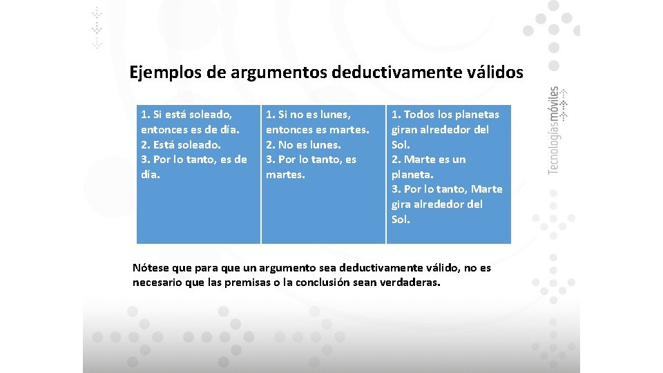 Ejemplos de argumentos deductivamente válidos 1. Si está soleado, entonces es de día. 2.