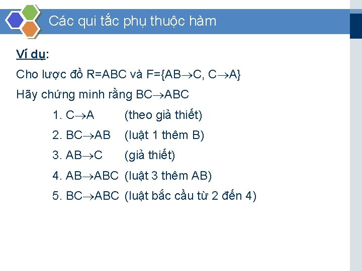 Các qui tắc phụ thuộc hàm Ví dụ: Cho lược đồ R=ABC và F={AB