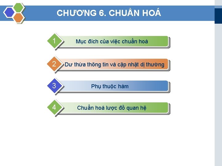 CHƯƠNG 6. CHUẨN HOÁ 1 2 3 4 Mục đích của việc chuẩn hoá
