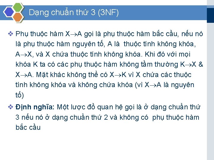 Dạng chuẩn thứ 3 (3 NF) v Phụ thuộc hàm X A gọi là