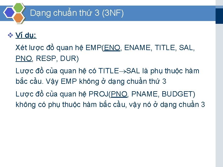 Dạng chuẩn thứ 3 (3 NF) v Ví dụ: Xét lược đồ quan hệ