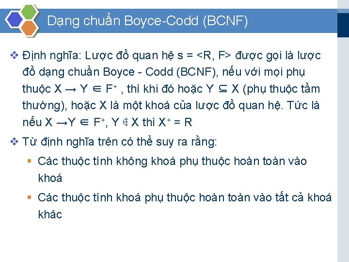 Dạng chuẩn Boyce Codd (BCNF) v Định nghĩa: Lược đồ quan hệ s =