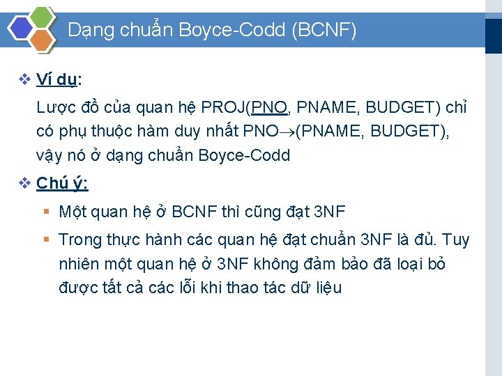 Dạng chuẩn Boyce Codd (BCNF) v Ví dụ: Lược đồ của quan hệ PROJ(PNO,