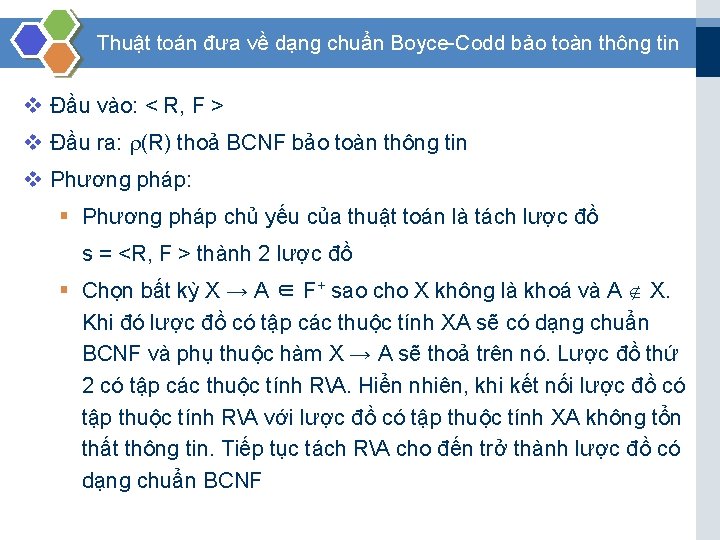 Thuật toán đưa về dạng chuẩn Boyce Codd bảo toàn thông tin v Đầu