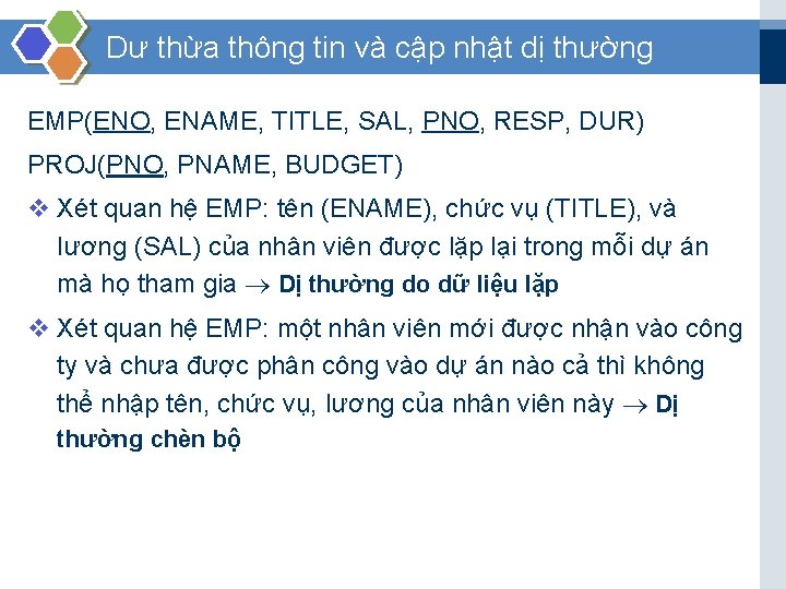 Dư thừa thông tin và cập nhật dị thường EMP(ENO, ENAME, TITLE, SAL, PNO,