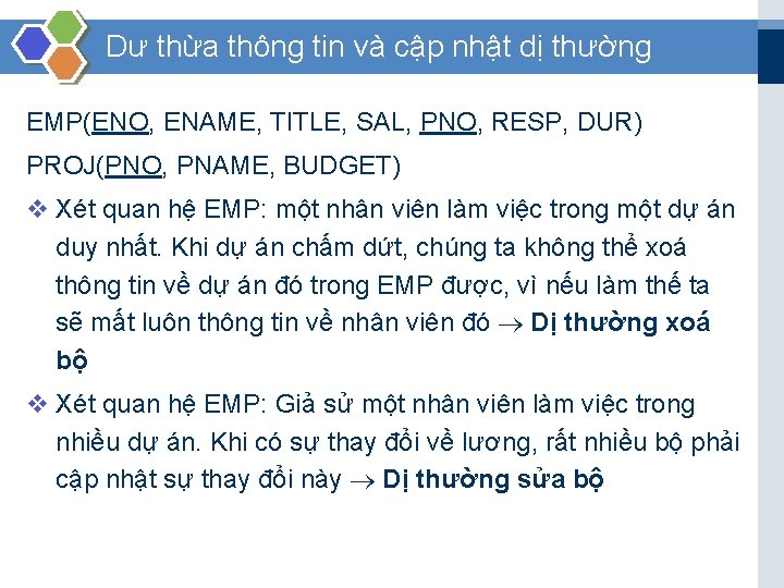 Dư thừa thông tin và cập nhật dị thường EMP(ENO, ENAME, TITLE, SAL, PNO,