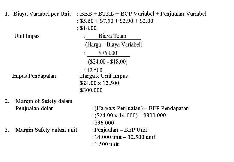 1. Biaya Variabel per Unit : BBB + BTKL + BOP Variabel + Penjualan