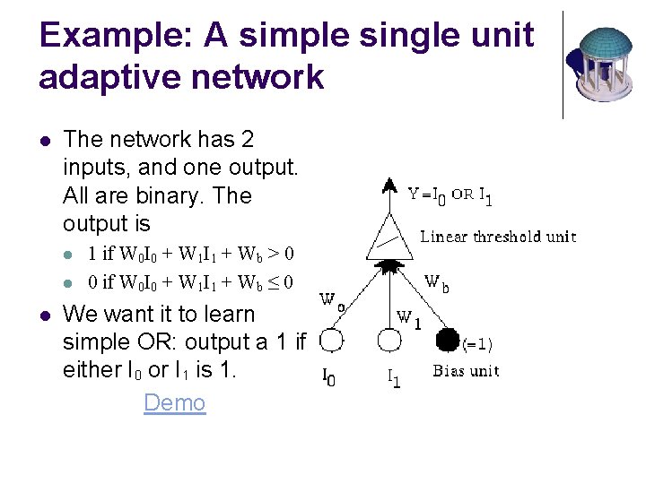 Example: A simple single unit adaptive network l The network has 2 inputs, and